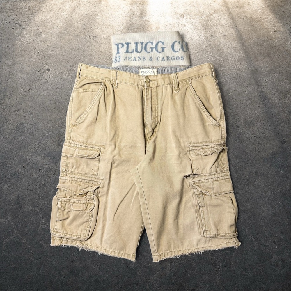 Plugg Co Vintage Skater Baggy Cargo Shorts Tan Khaki Y2K Men Size 32